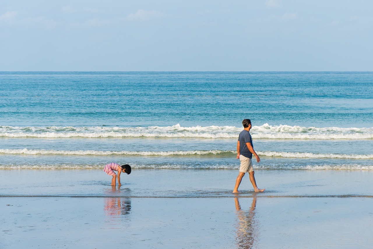 father, son, beach
